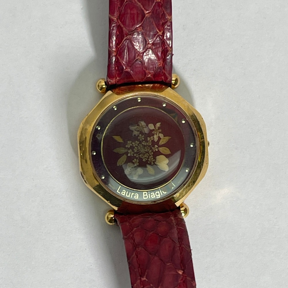 VTG Laura Biagiotti Swiss Made Watch Floral Dial Burgundy Leather